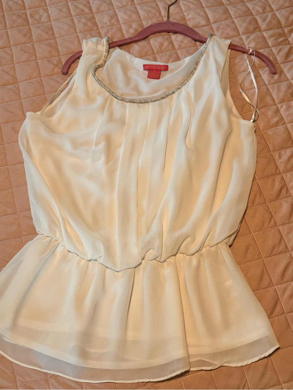 Sunny Leigh Cream Sleeveless Peplum Camisole with Beaded Neck